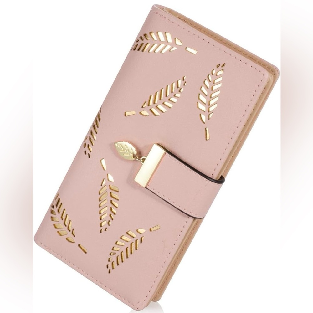 Women's Long Leaf Bifold Wallet Leather Card Holder Purse Zipper Buckle Elegant